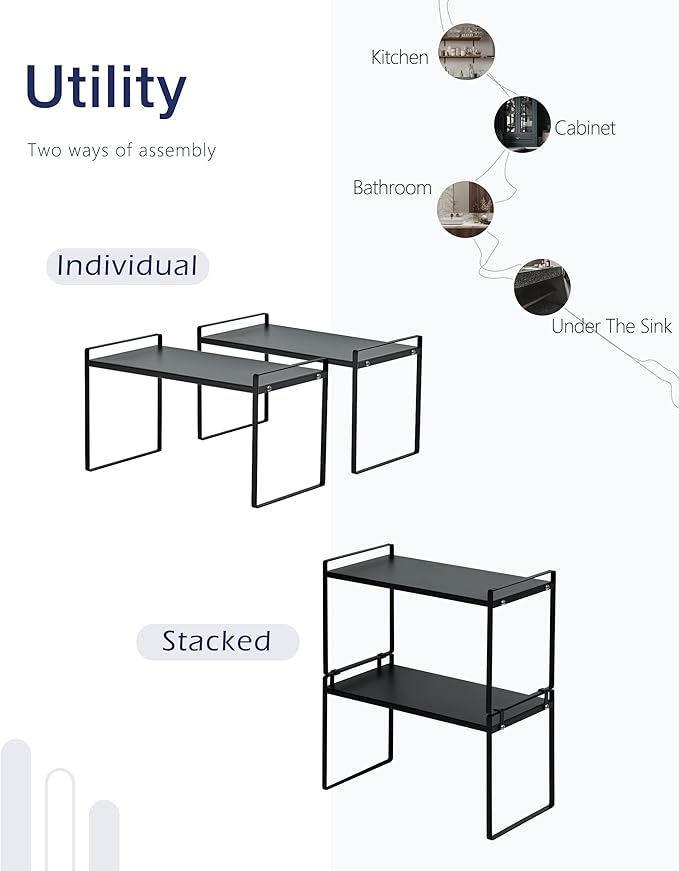 Nxconsu 2 Pack Cabinet Shelf Organizer 16.1"x8.3"x9.5" Black, Stackable Kitchen Counter Shelf Riser, Heavy Duty 3mm Steel Storage Rack for Pantry Cupboard Bathroom Under Sink, 50lbs Capacity, Non-Slip