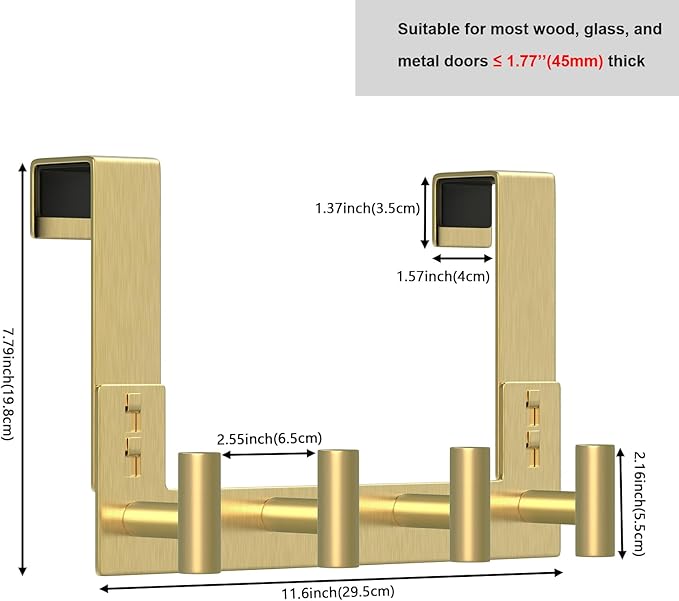 PMMASTO Over The Door Hooks, Fits 1-3/4" Thick Door No Drill Hooks for Closet Bathroom Bedroom Organization, Hanger for Coat Towel Robe (Gold, 4 T-Hooks)