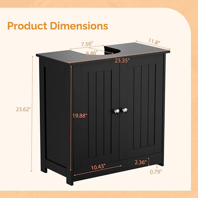 Bonnlo Pedestal Sink Storage Cabinet, 24" Black Under Sink Bathroom Storage Cabinet with 2 Doors and Adjustable Shelf, Traditional Bathroom Space Saver Organizer for Small Spaces, Water-Resistant