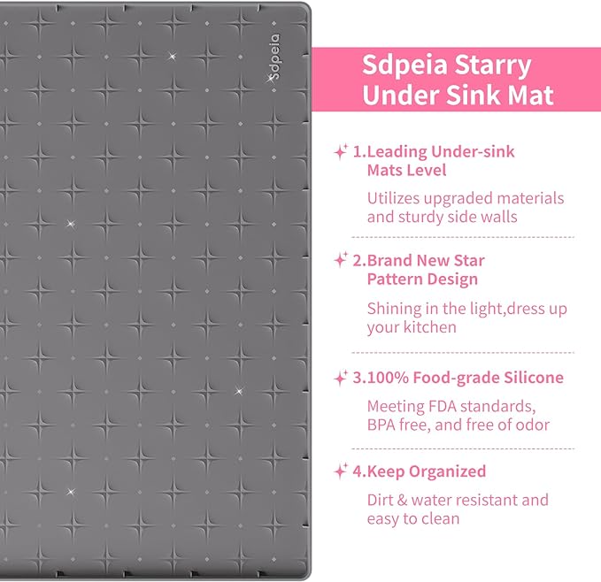 Sdpeia Under Sink Mat 22"×22" Waterproof Silicone Cabinet Liner & Sink Protector for Kitchen & Bathroom, Multi-Purpose Organizers Tray for Pets, Laundry, Cat Litter Mat,Gray