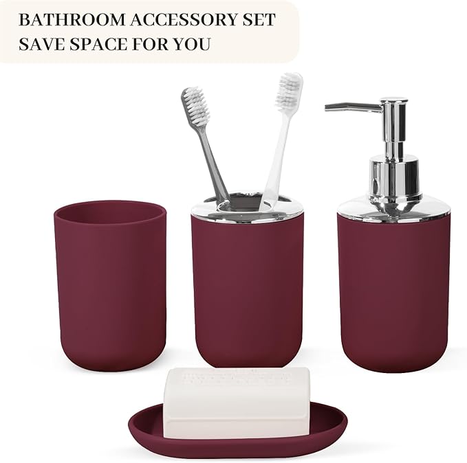 Bathroom Accessory Set, 4 Pcs Plastic Bathroom Set Include Soap Dispenser, Soap Dish, Toothbrush Holder, Mousewash Cup, Modern Bahtroom Décor Set, Space Save for Bathroom(Burgundy)