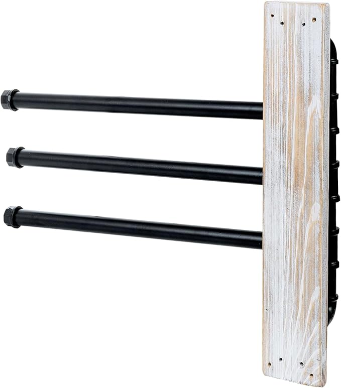 MyGift Swivel Towel Rack, Wall Mounted Towel Holder with 3 Tier Industrial Metal Pipe Towel Bars, Wooden Base Rustproof Swing Out Towel Hanger for Bathroom, Kitchen, Pool (White)