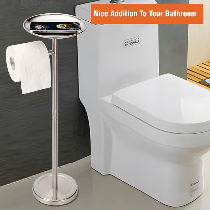 Tofix Freestanding Toilet Paper Holder with Shelf and Tray, Stainless Steel Base, Brushed Nickel