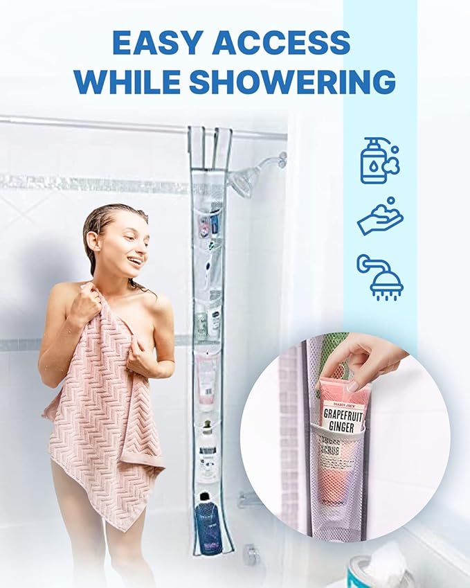 Skywin 7 Pockets Hanging Shower Curtain Liner Caddy 60 x 6 Inches - 100% Polyester Mesh Shower Caddy Hanging - Shower Organizer for Shower Rod or Door - Quick Dry Fabric with Adjustable Velcro Strap