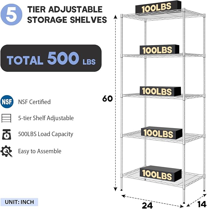 5 Tier Metal Shelving Unit, Heavy Duty Wire Shelves, Adjustable Storage Rack for Kitchen, Garage Shelving, Pantry Shelves, Storage Shelves Organizer, 24" W x 14" D x 61" H, Chrome