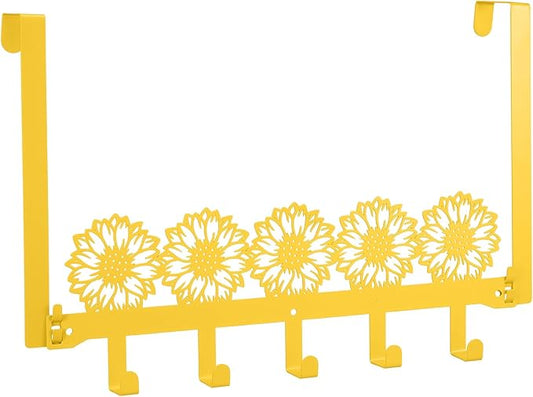 AceOrbit Sunflower Over the Door Hooks Coat Rack Wall Mounted Decorative Yellow Metal Hanger Sunflower Wall Art Decor Key Holder with 5 Hooks for Coat, Towel, Hat, Bag, Bathroom Home Kitchen Office