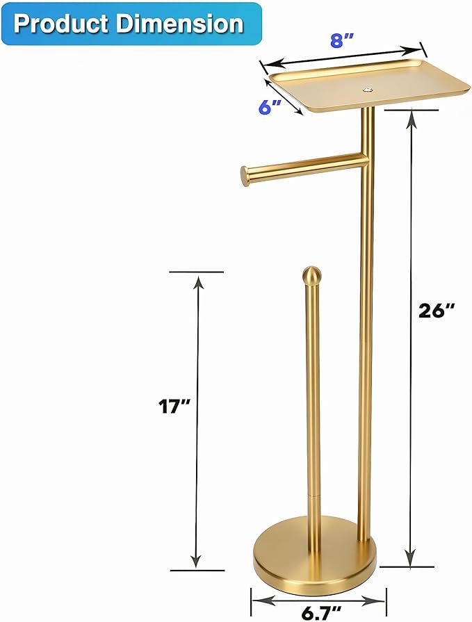 Gold Toilet Paper Holder with Shelf, Freestanding Tissue Holder Stand with Storage Space for Extra 4 Toilet Paper Rolls (Stainless Steel Base, Gold)