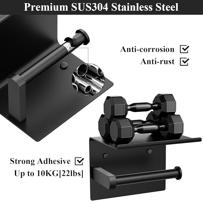 Tindbea Mega Size Toilet Paper Holder with Shelf + Towel Robe Hooks, Adhesive or Screw Wall Mounted Toilet Paper Roll Holder, Stainless Steel Bathroom Hardware Set (Matte Black)…