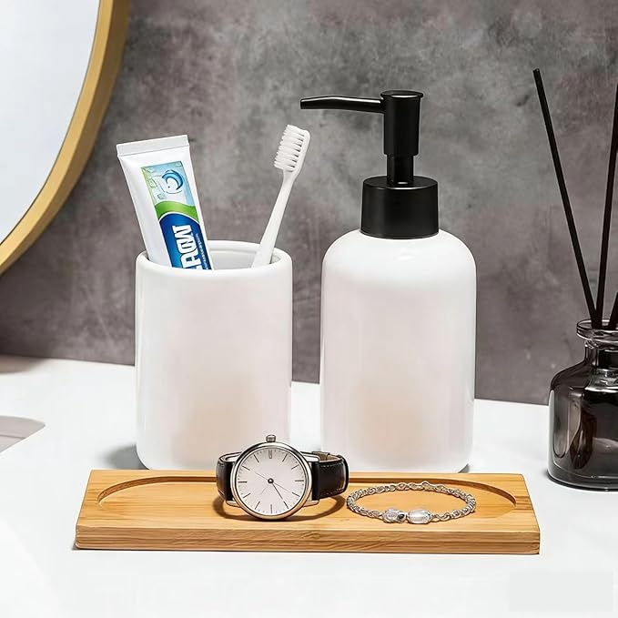 White Bathroom Accessories Set 2 Pieces,Ceramic Soap Dispenser and Toothbrush Holder,Modern Decor Bath Set Countertop Organizer