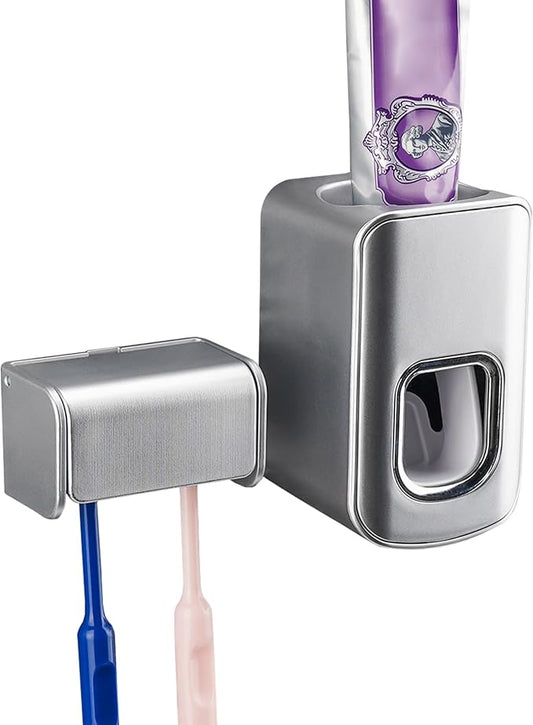 Toothbrush Holder Wall Mounted with Cover for Bathroom, 2 Slots Toothbrush Storage Organizer for Shower, Self Adhesive Toothbrush Hanger with Automatic Toothpaste Squeezer Dispenser
