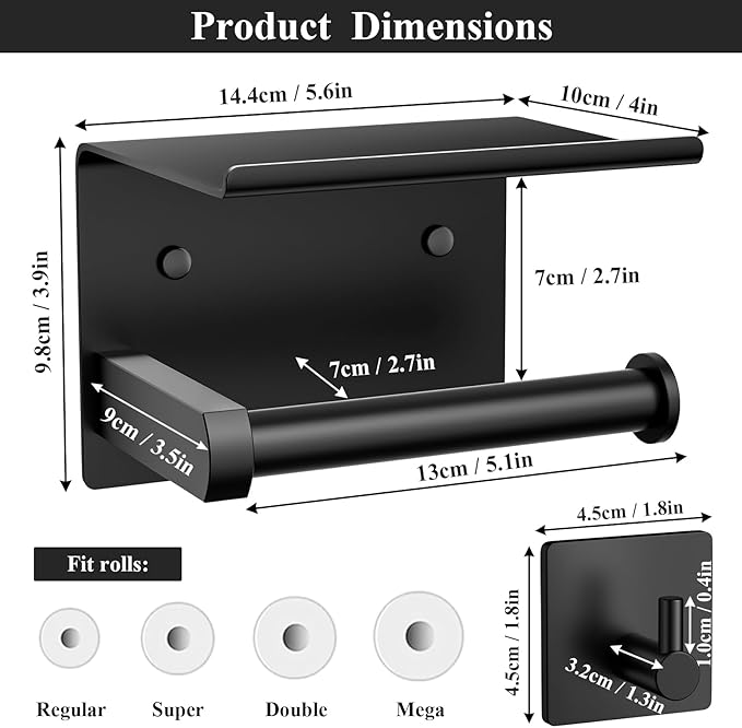 Tindbea Toilet Paper Holder Wall Mount + Towel Robe Hooks, Adhesive or Screw Wall Mounted Toilet Paper Roll Holder with Shelf, Stainless Steel Bathroom Organizers and Storage Kit (Matte Black)