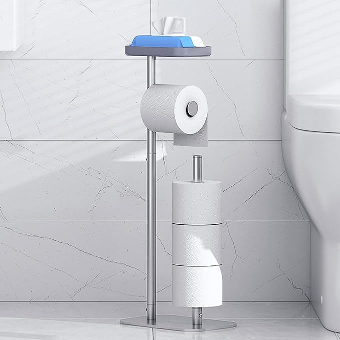 Kitsure Toilet Paper Holder Free Standing – Rustproof Metal Toilet Paper Stand for 4 Rolls with Anti-Slip Base and Shelf for Phone & Small Items, Bathroom Organizers and Storage, Medium, Silver