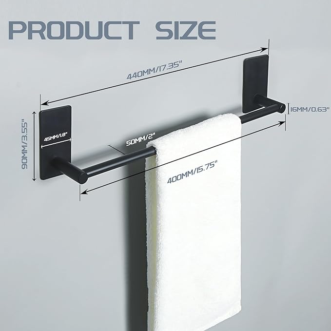 Alise Adhesive Towel Bar, 16 Inch Towel Racks for Bathroom SUS 304 Stainless Steel,Bathroom Towel Holder No Drill, Strong Self Adhesive Towel Bar, Matte Black