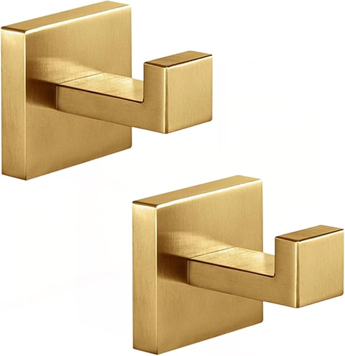 Kruodop 2 PCS Towel Hooks for Bathroom, Wall Mount Towel Holder, Black Matte Wall Robe Hook,Square Stainless Steel Door Hanger Towel Hook for Kitchen, Bedroom,Hotel,Pool,Coats（Gold）
