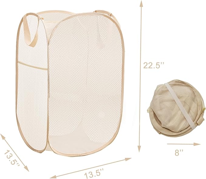 2Pack Collapsible Laundry Basket with Side Pocket, Mesh Pop Up Hamper Portable Carrying Handle, Cruise Room Storage Basket (Beige+Green)