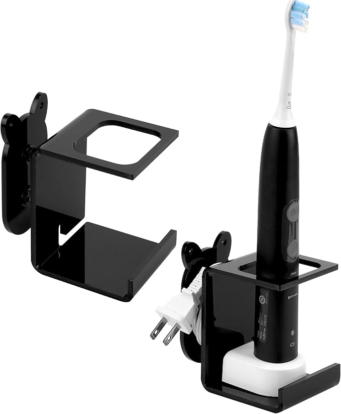 Electric Toothbrush Holder Wall Mounted, Electric Toothbrush Cord Organizer Holds 1 Chargers, Self Adhesive Electric Toothbrush Stand for Bathroom, Medicine Cabinet, Dorm(Black 2Pack)