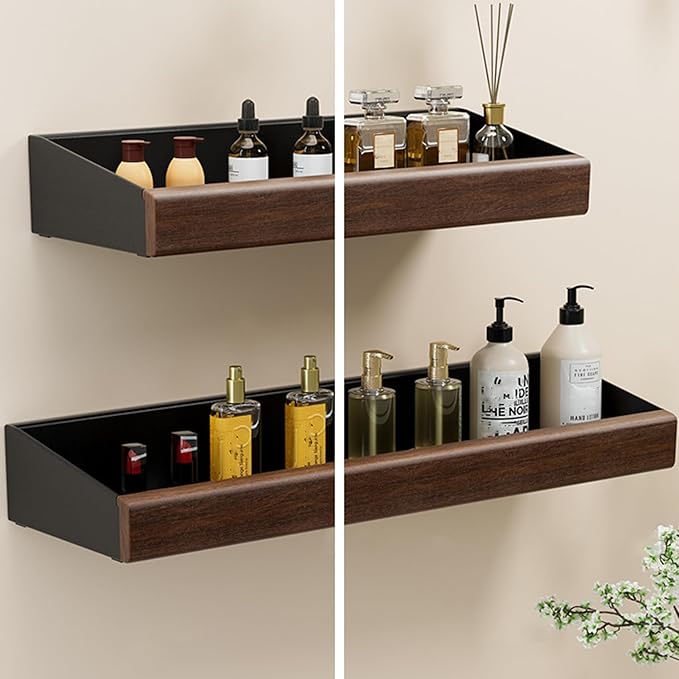 12 Inch Black Wall Shelves for Wall, Adhesive Floating Shelves with 1 Inch Height Wooden Decor Panel, Plastic Adhesive Shelves Shower Organizer for Living Room, Bedroom, Office and Kitchen