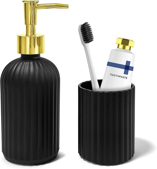 2 PCS Black and Gold Glass Bathroom Accessory Sets, Black Bathroom Set, Soap Dispenser and Toothbrush Holder Set for Modern Bathroom Decor