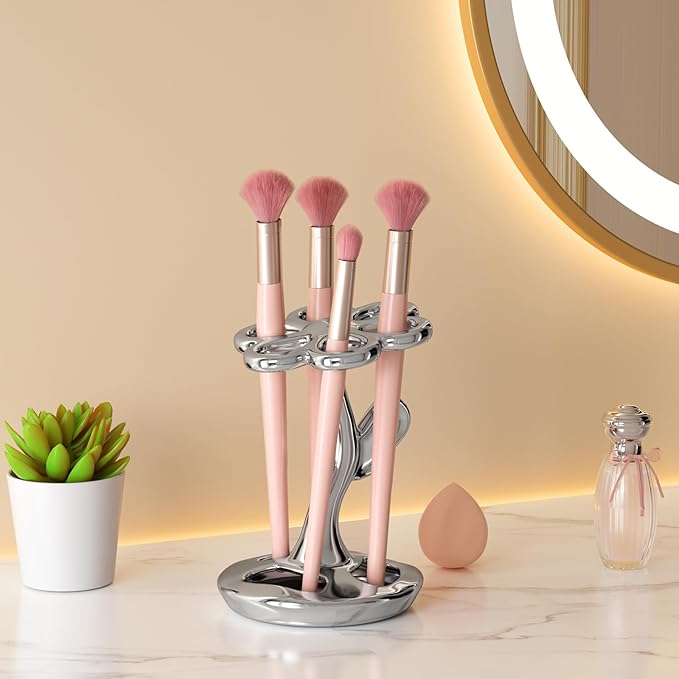 Flower Ceramic Tooth Brush Holders for Bathroom, Upgraded Large Slots Toothbrush Holder Organizer for Manual Brushes & Art Paintbrushes, Aesthetic Vanity Decor, Non-Tip Sturdy Base, 6 Slots (Silver)