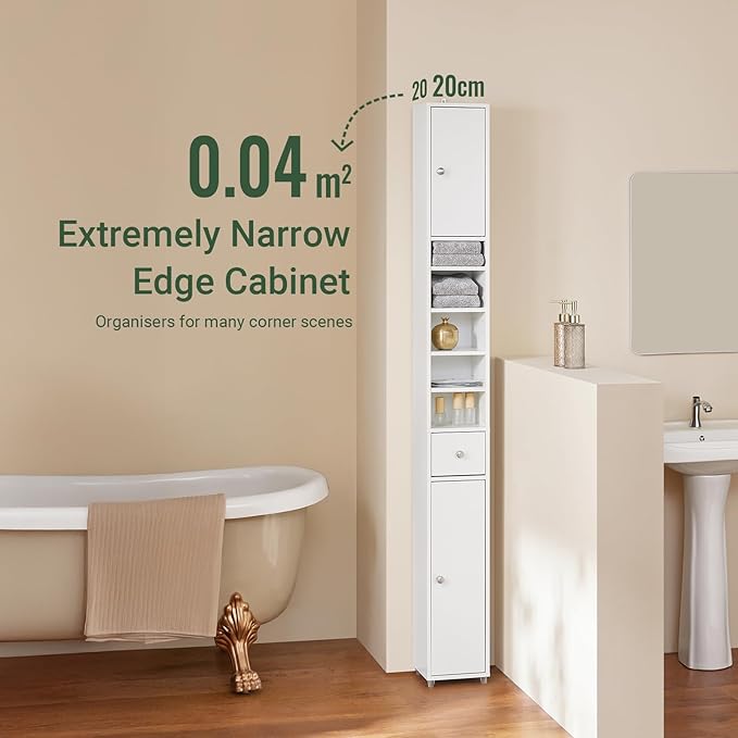 SoBuy Bathroom Narrow Storage Cabinet, Skinny Tall Unit with Adjustable Shelves Slender, Slim Bathroom Organizers and Storage, Anti-Tipping Thin Floor Standing Cupboard Laundry Room, White BZR34-W