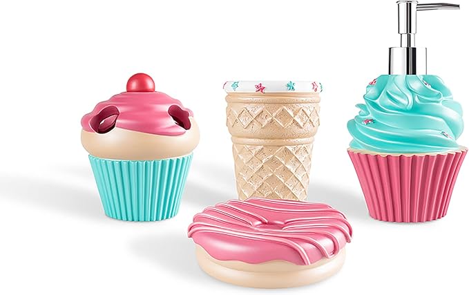 Bathroom Accessories Sets Organizer Complete with Milkshake Lotion/Soap Dispenser,Egg Tube Bath Cup/Tumbler,Donut Soap Dish,Cake Toothbrush Holder for Kids Bath Decor (Pink)