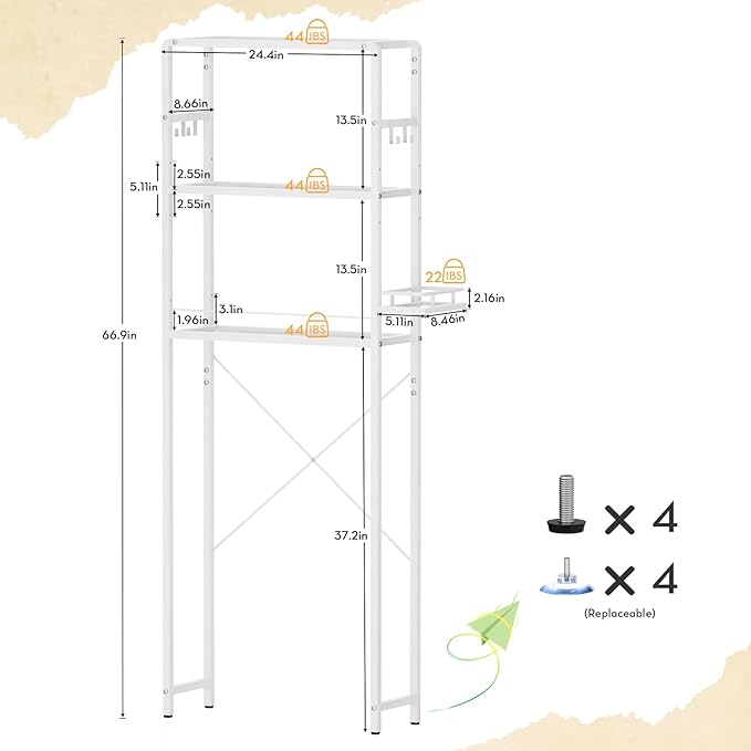 SAYGOER Glass Over the Toilet Shelf, 3-Tier Over-The-Toilet Storage Rack, Adjustable Shelf Bathroom Organizer, White Space Saving Shelves