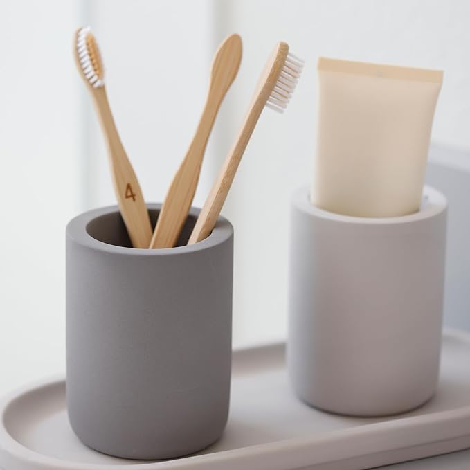 Selegna Diatomite Drying Stone Toothbrush Holder, Modern Ceramic-Look Countertop Cup with Drainage for Bathroom, Quick Drying Electric Toothbrush & Toothpaste Organizer, Stoneware Finish