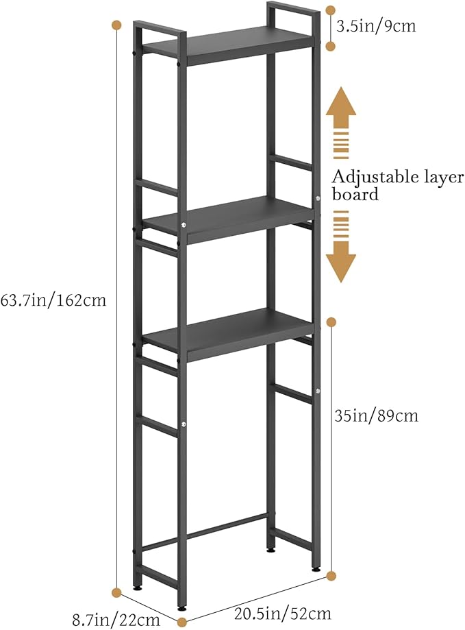 1 Set Over The Toilet Storage, 3-Tier Bathroom Laundry Storage Rack Space-Saving Organizer Household Supplies (Black-S)