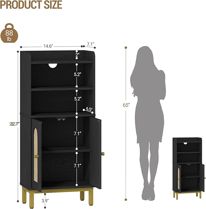 Hzuaneri Bathroom Storage Cabinet, Small Floor Cabinet with 2 Door and Shelves, Toilet Paper Cabinets, Bathroom Organizer with Adjustable Shelf, for Small Spaces Rattan Black 7.1" Dx14.6 Wx32.7 H