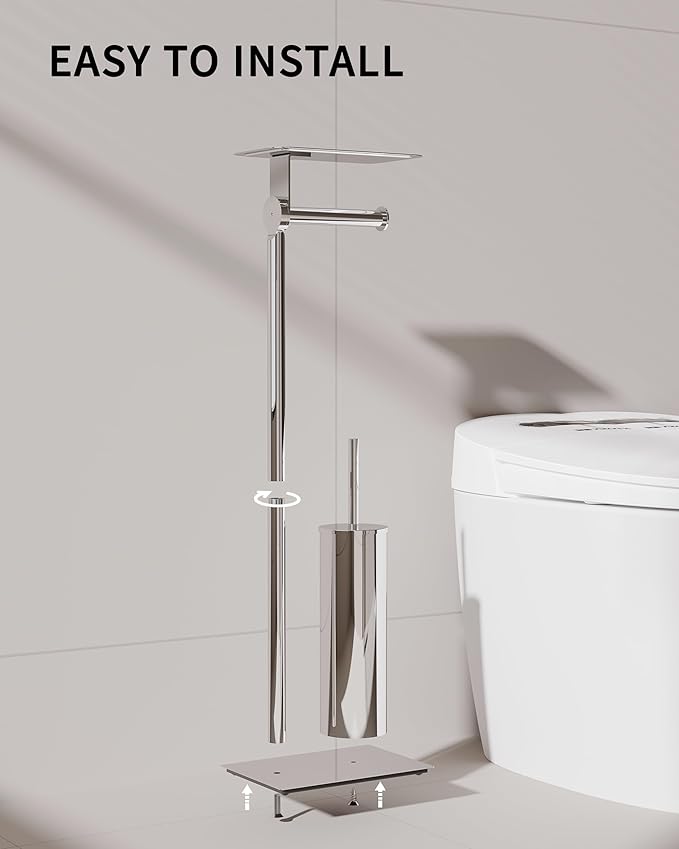 Toilet Paper Holder Stand, Free Standing Toilet Paper Holder with Shelf for Bathroom, Stainless Steel Chrome Toilet Tissue Holder with Brush and Holder Set, Weighted Base