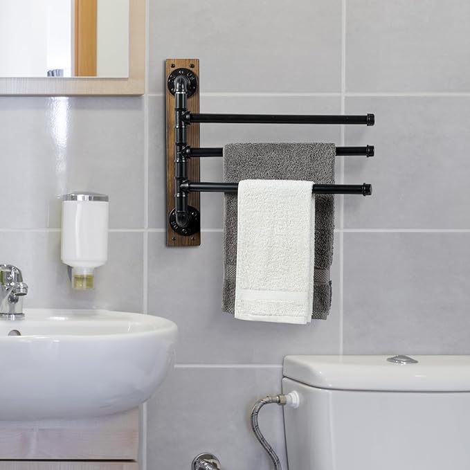MyGift Swivel Towel Rack, Wall Mounted Towel Holder with 3 Tier Industrial Metal Pipe Towel Bars, Wooden Base Rustproof Swing Out Towel Hanger for Bathroom, Kitchen, Pool (Brown)
