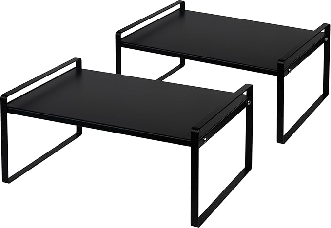 Nxconsu 2 Pack Cabinet Shelf Organizer 16.1"x12"x7.3" Black, Stackable Kitchen Counter Shelf Riser, Heavy Duty 3mm Steel Storage Rack for Pantry Cupboard Bathroom Under Sink, 50lbs Capacity, Non-Slip