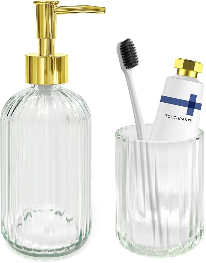 2 PCS Clear and Gold Glass Bathroom Accessory Sets, Clear Bathroom Set, Soap Dispenser and Toothbrush Holder Set for Modern Bathroom Decor