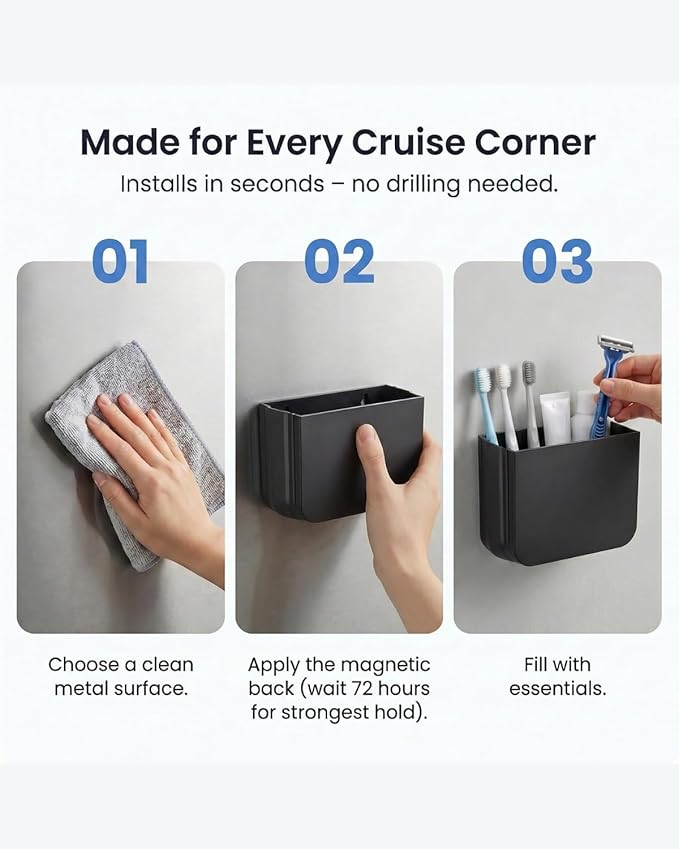 Cruise Magnetic Organizer 2 Pack – Foldable Small Pocket Storage for Cabin Walls, Toothbrush, Cables & Tiny Essentials – Compact Travel Organizer for RV, Dorm, Bathroom (1, Black)