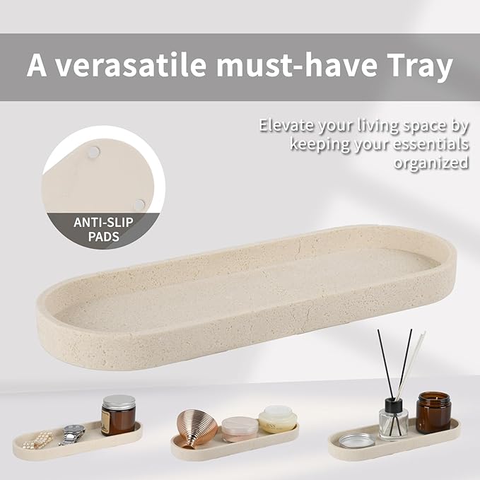 Bathroom Accessories Set,4 Piece Travertine Stone Look Bathroom Accessory Set with Soap Dispenser,Toothbrush Holder,Vanity Tray,Tumbler,Bathroom Organizer for Modern Bathrooms（Light Cream）