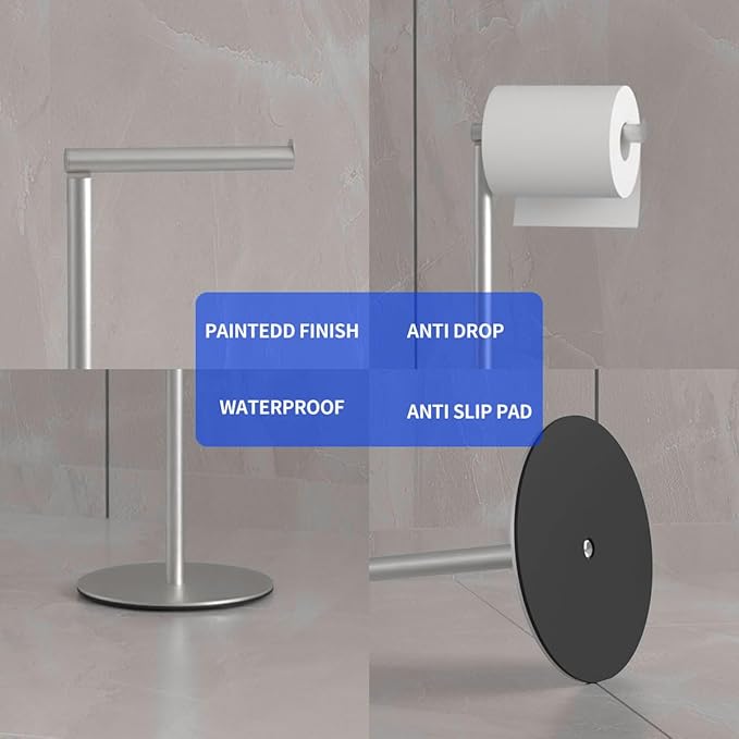 Bathroom Toilet Paper Holder Stand Modern Tissue Roll Stainless Steel Rustproof Freestanding Holder Matte Black (Silver)