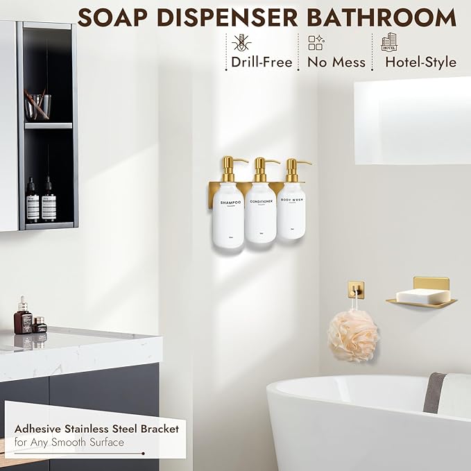 KOUCHU Shampoo and Conditioner Dispenser Set - Wall Mounted Shower Soap Dispenser - 17oz No-Drill Refillable Plastic Pump Bottles for Bathroom Kitchen - Includes Soap Dish and Hook (Gold)