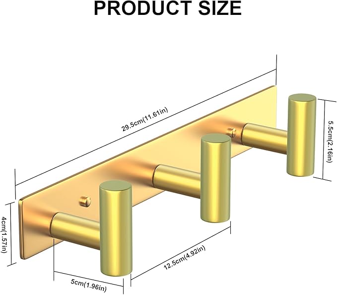 PMMASTO Stainless Steel Coat Rack Wall Mounted, Heavy Duty Metal Hook Rail for Hanging Coats Hats Towels Robes Bags, Modern Wall Hooks Organizer (Gold, 3 "T Hooks, 2 Pack)