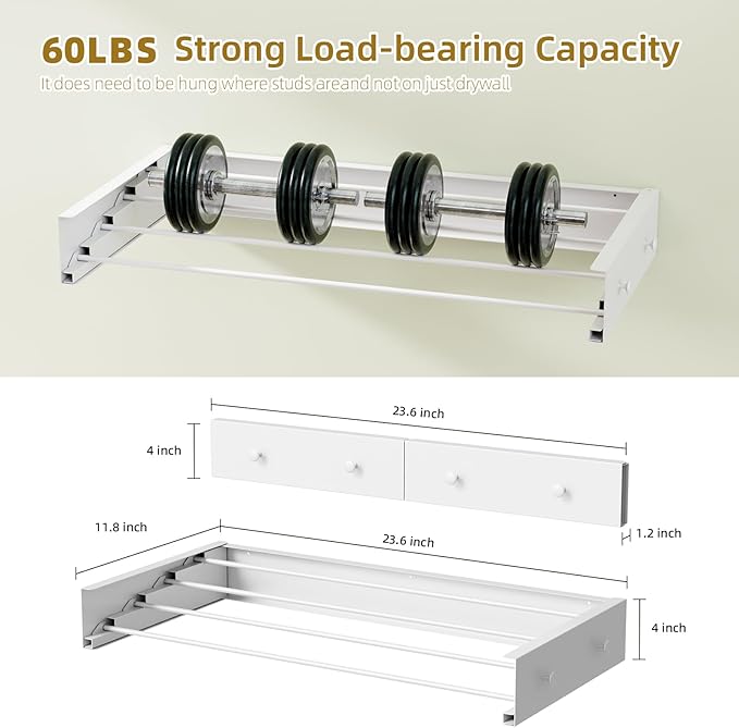 Wall Mounted Drying Rack 23.6'', Foldable Laundry Drying Rack Wall Mount with 4 Towel Hooks and 4 Rods, Space Saving Drying Rack Clothing for Indoor Outdoor Bathroom Balcony (White, 23.6'')