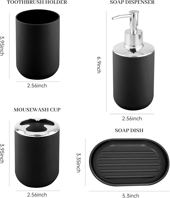 Bathroom Accessory Set, 4 Pcs Plastic Bathroom Set Include Soap Dispenser, Soap Dish, Toothbrush Holder, Mousewash Cup, Modern Bahtroom Décor Set, Space Save for Bathroom(Black)