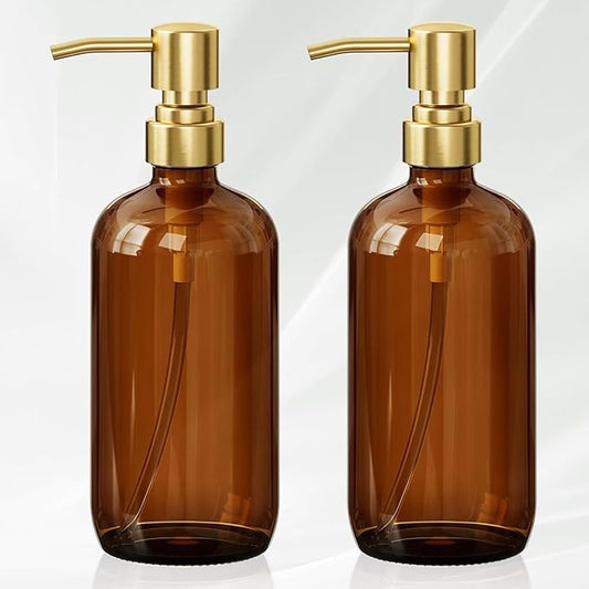 AmazerBath Amber Glass Soap Dispenser, 2 Pack Vintage Brown Bottle with Stainless Steel Pump,17 Oz Hand Dish Soap Dispenser Bottle, Modern Soap Dispensers for Bathroom Kitchen