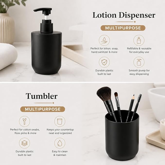 4-Piece Bathroom Accessories Set, Matte Black Plastic Countertop Organizer with Lotion Soap Dispenser, Tumbler, Cotton Swab Cup & Vanity Tray – Modern Bathroom Decor for Home