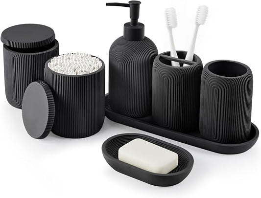Bathroom Accessories Set - 7-Piece Resin Bathroom Set, Toothbrush Holders Set, Soap Dispenser, Qtip Holder Dispenser, Tumbler, Soap Dish & Tray, Modern Bath Decor for Home Dorm Hotel (Black)
