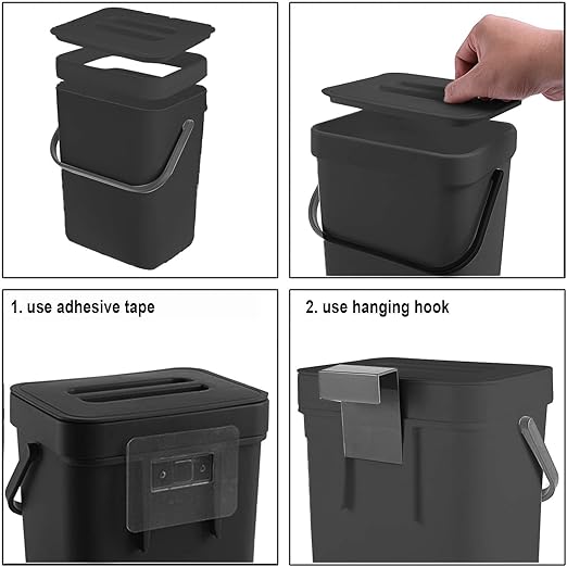 LALASTAR Countertop Compost Bin with Lid, Hanging Small Trash Can with Lid Under Sink for Kitchen, Food Waste Bin for Countertop, Mountable Garbage Can for Bathroom, RV, 5L/1.3 Gal, Black