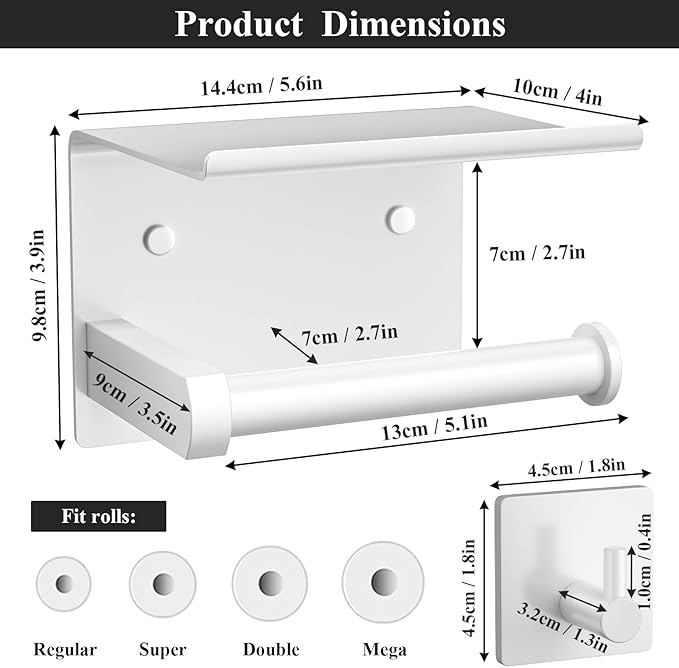 Tindbea Toilet Paper Holder with Phone Shelf + Towel Robe Hooks, Adhesive or Screw Wall Mounted Toilet Paper Roll Storage Dispenser, Stainless Steel Bathroom Tissue Roll Holder (White)