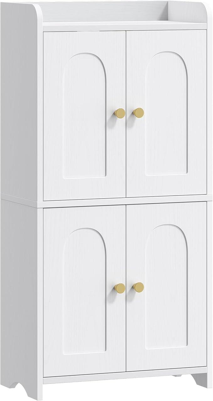 HEXCELEN Small Storage Cabinet, Bathroom Storage Cabinet with 4 Doors, Floor Bathroom Organizer Freestanding for Small Spaces, Living Room, Kitchen, Entryway (Mediterranean, White)
