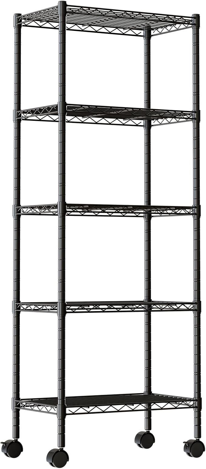 DUMOS 5-Tier Metal Wire Storage Shelves, Adjustable Standing Storage Rack Shelf with Wheels, Heavy Duty Steel Shelving Unit Organizers for Kitchen Bathroom Pantry Garage, 23.2"W×13.4"D×59.1"H, Black