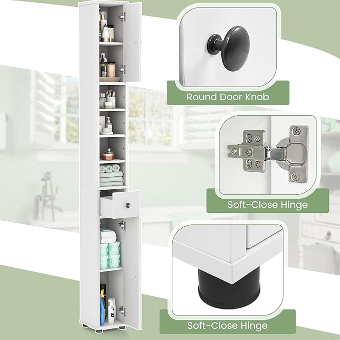 Tangkula Tall Slim Bathroom Storage Cabinet, 71" Freestanding Bathroom Cabinet w/ 2 Doors, 1 Drawer & 5 Adjustable Shelves, Floor Narrow Tower Cabinet for Small Spaces, 8" x 8" x 71" (White)