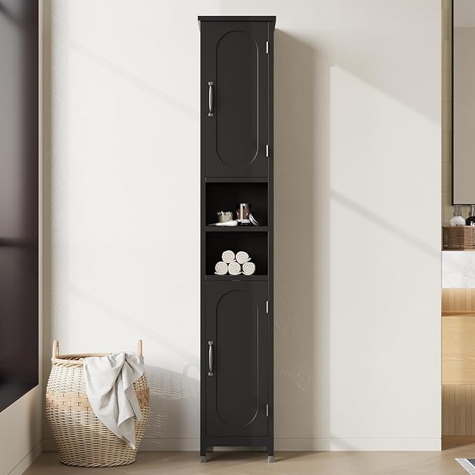 Hawkrown 67" Tall Bathroom Storage Cabinet with Lights, Slim Narrow Bathroom Cabinet Organizer with Doors and Adjustable Shelves, Tall Cabinet for Small Space (66.9" Tall-Black with Light)