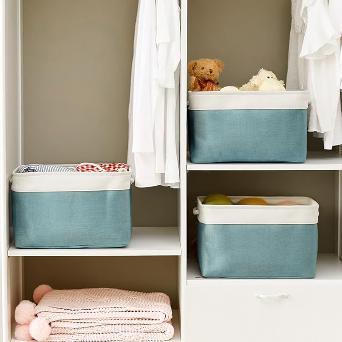 TheWarmHome Organization and Storage basket for Organizing - 3 Pack 16x12x12 inch Cube Storage Bin for Shelves, Fabric Storage Cubes for Organizer Cloth Closet Toy Box (White & Green)